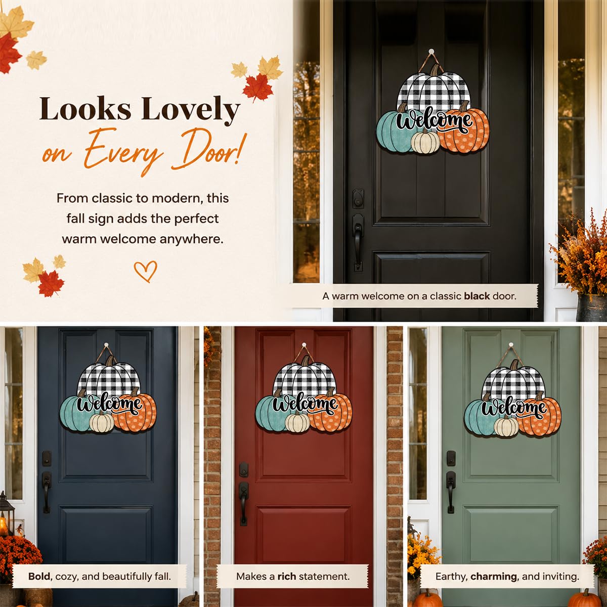 Fall Door Decor Wooden Pumpkin Door Hanger, Welcome Sign for Front Door