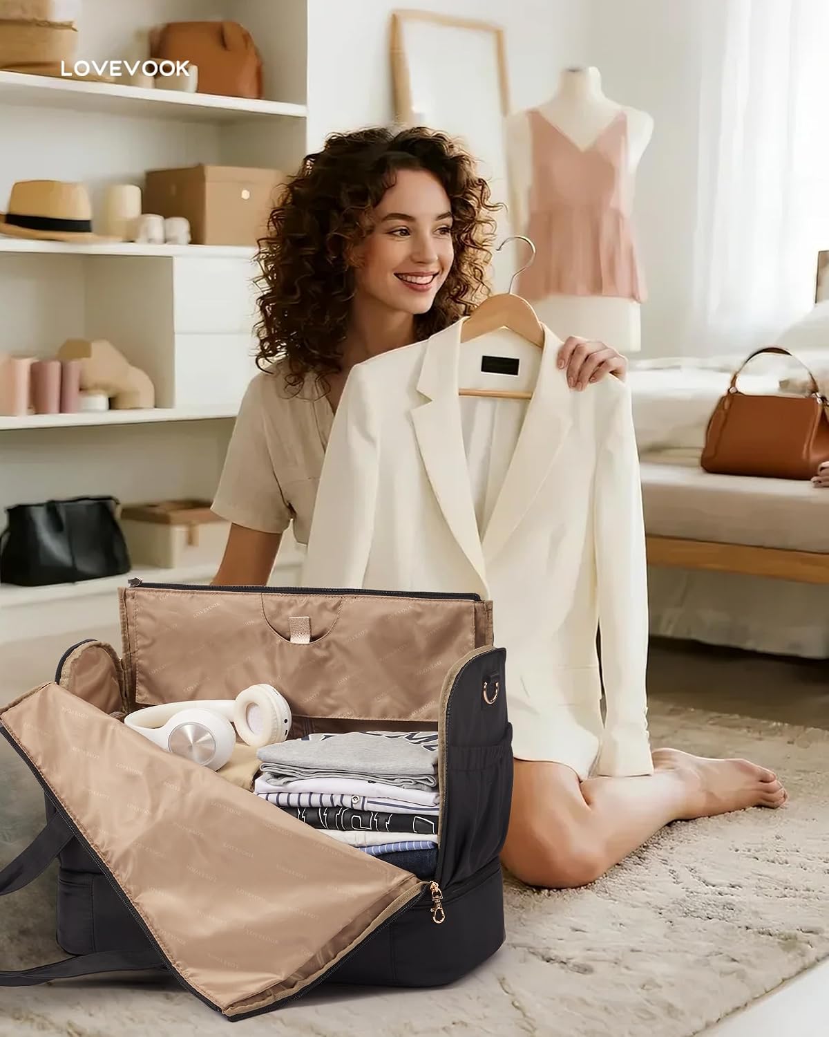 LOVEVOOK Garment Bags for Travel,Convertible Garment Bag for Women with Shoe Pouch,Carry on Duffel Bag with Toiletry Bag, 2 in 1 Hanging Suitcase Suit Bag,Waterproof Weekender Bags for Business Trip