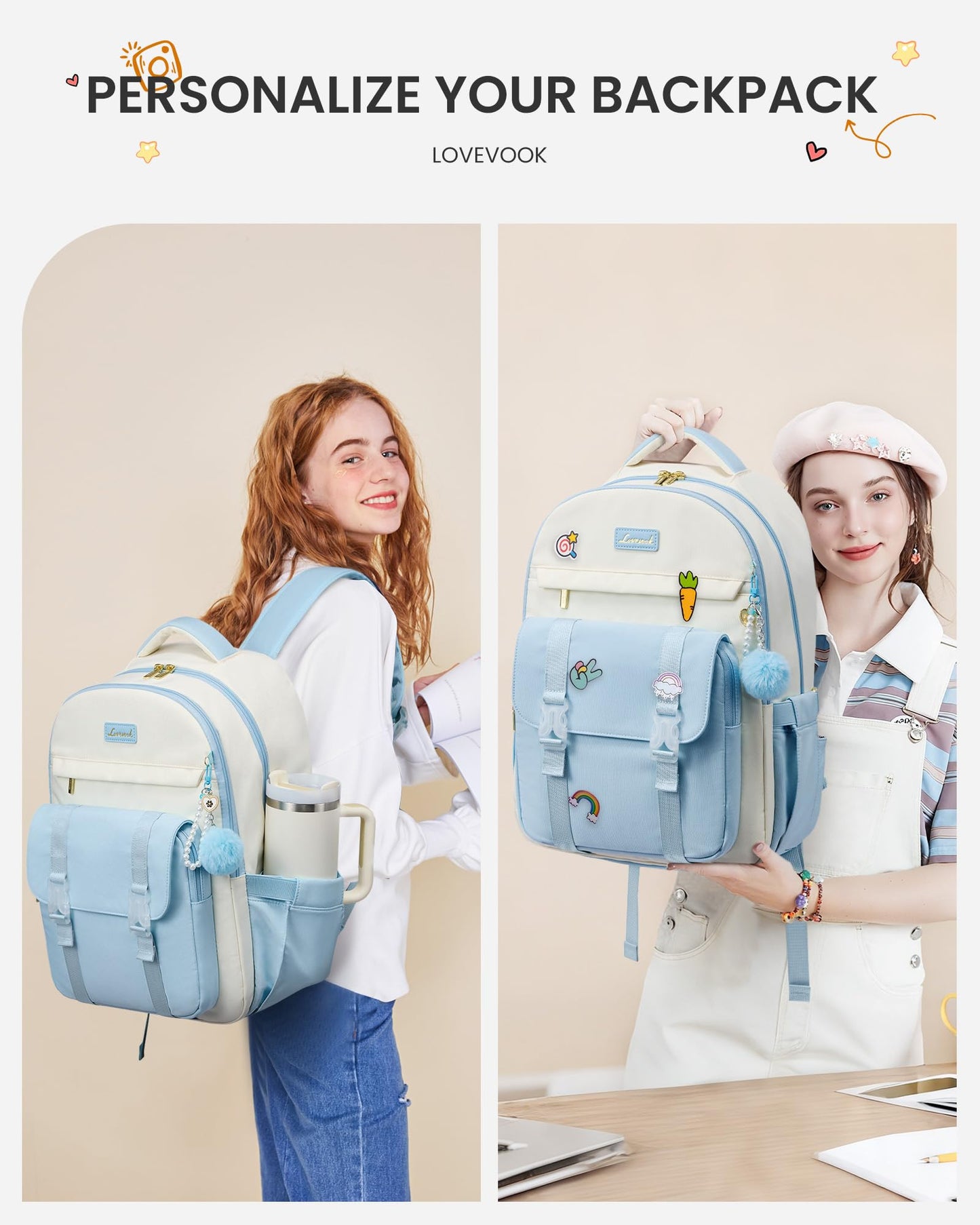 LOVEVOOK School Backpack for Teen Girls, Cute Student Backpack Purse Kid Bookbag for 8-17 Teenage, Back to School Backpacks Fit 15.6 Inch Laptop, College Travel Bag with Large Water Bottle Holder