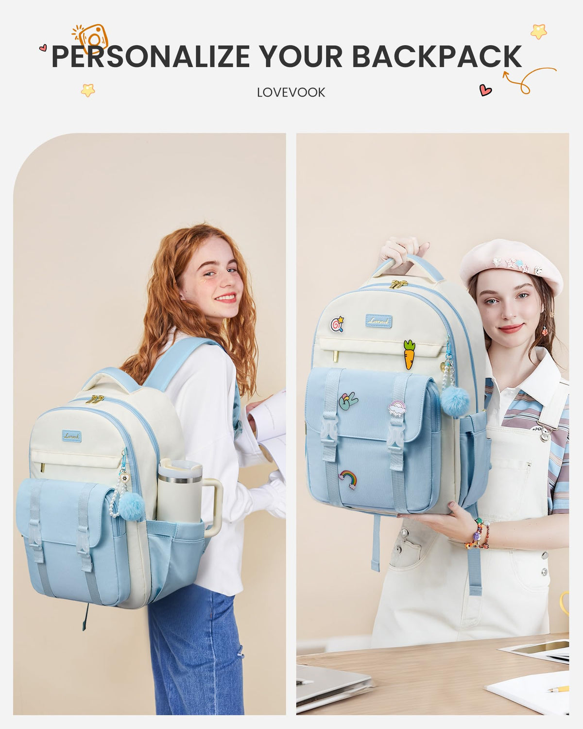 LOVEVOOK School Backpack for Teen Girls, Cute Student Backpack Purse Kid Bookbag for 8-17 Teenage, Back to School Backpacks Fit 15.6 Inch Laptop, College Travel Bag with Large Water Bottle Holder