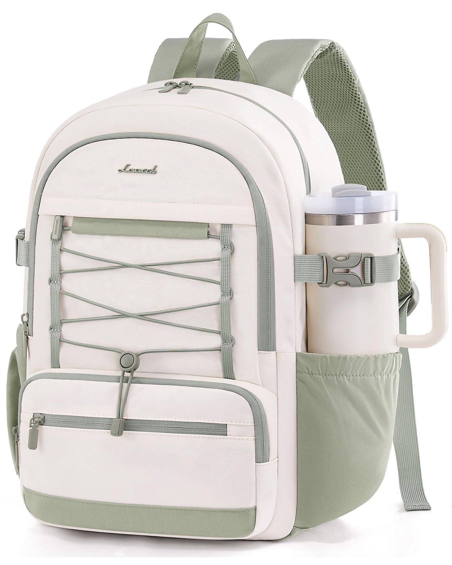 LOVEVOOK School Backpack for Teen Girls, Large Capacity College Bookbag with Water Bottle Holder, Cute Laptop Backpack Purse for Women, Lightweight Casual Travel Backpack, Gift for Her, Beige-Khaki