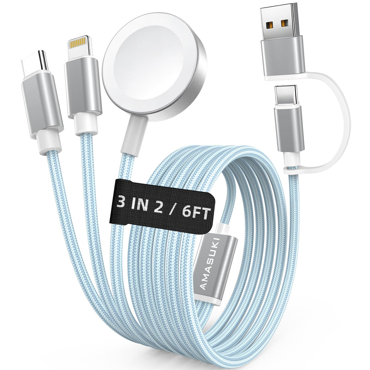 Travel Essentials,3 in 2 USB C Cable for Apple Watch Charger,iPhone Charger,Multi Charging Cable,Cruise Vacation Camping Essentials,Portable for iWatch Series 11-2/Ultra/SE & iPhone 17-12,Car,Pink