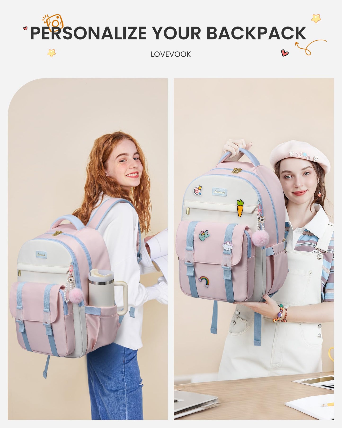 LOVEVOOK School Backpack for Teen Girls, Cute Student Backpack Purse Kid Bookbag for 8-17 Teenage, Back to School Backpacks Fit 15.6 Inch Laptop, College Travel Bag with Large Water Bottle Holder