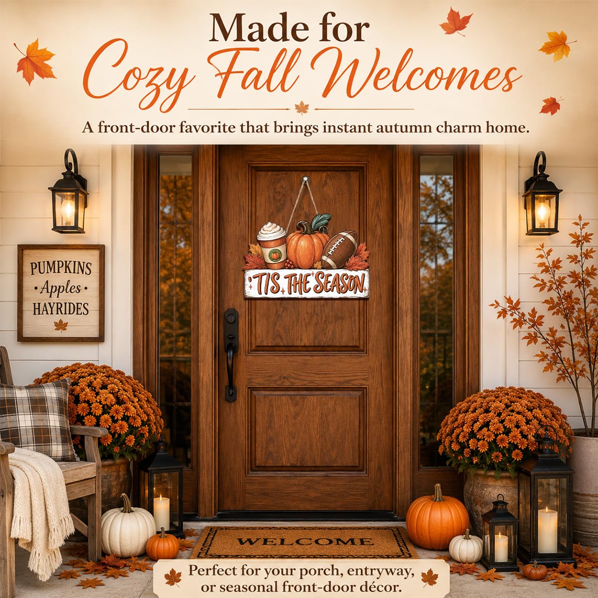 Fall Door Decor Wooden Pumpkin Door Hanger, Welcome Sign for Front Door