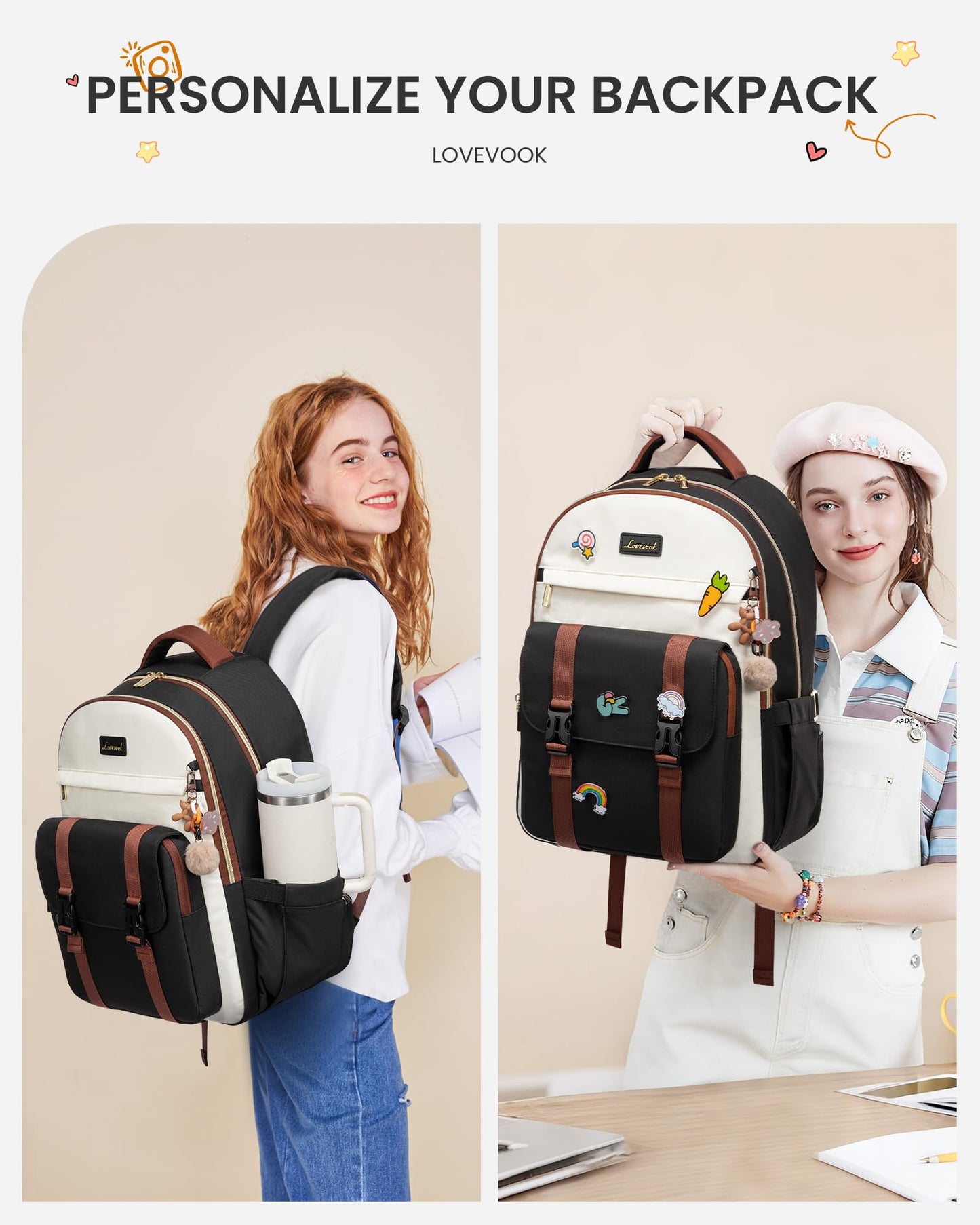 LOVEVOOK School Backpack for Teen Girls, Cute Student Backpack Purse Kid Bookbag for 8-17 Teenage, Back to School Backpacks Fit 15.6 Inch Laptop, College Travel Bag with Large Water Bottle Holder