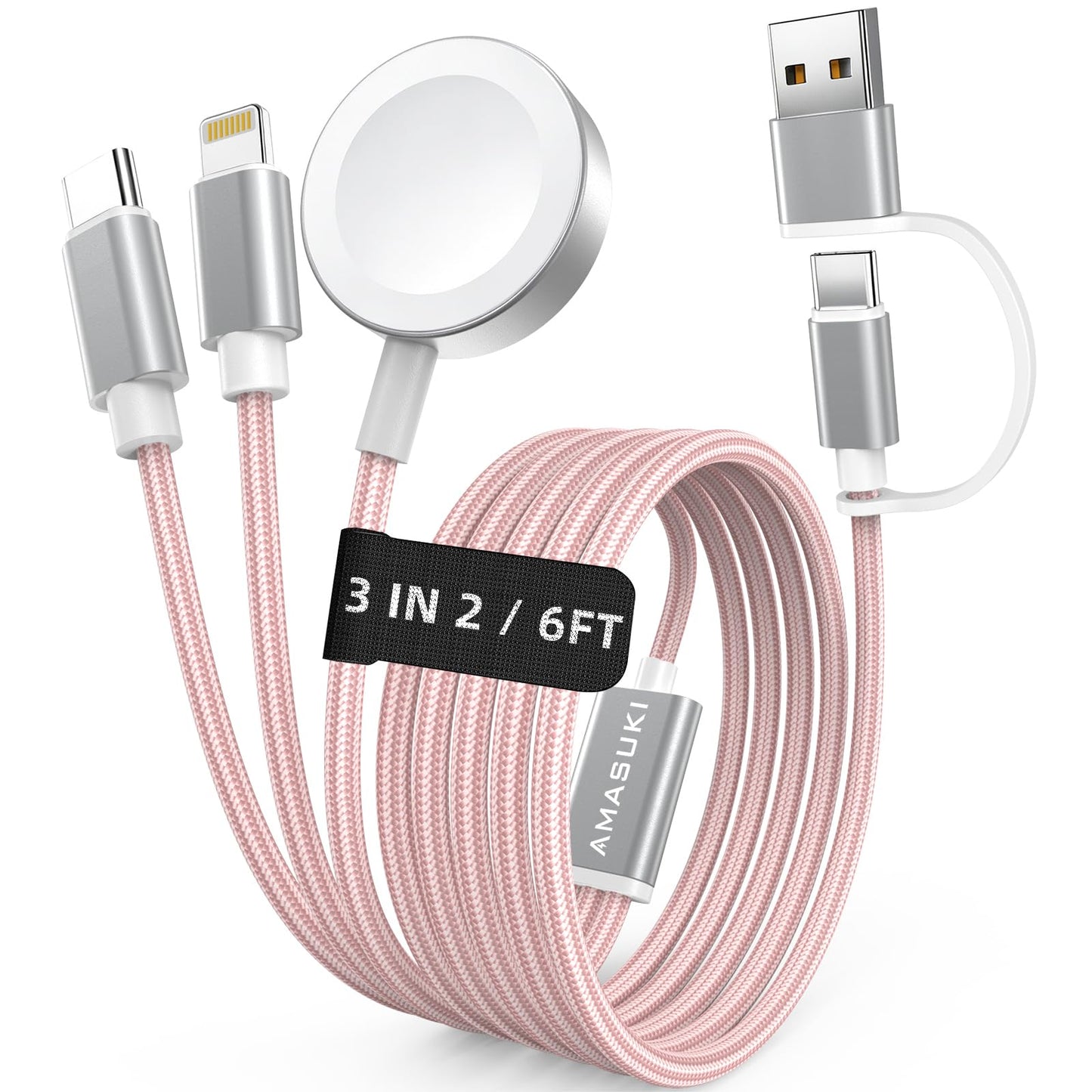 Travel Essentials,3 in 2 USB C Cable for Apple Watch Charger,iPhone Charger,Multi Charging Cable,Cruise Vacation Camping Essentials,Portable for iWatch Series 11-2/Ultra/SE & iPhone 17-12,Car,Pink