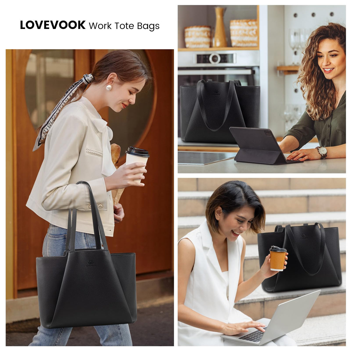 LOVEVOOK Laptop Tote for Women - 15.6 Inch Faux Leather Laptop Bag with Clutch, Large Capacity Office Purse Computer