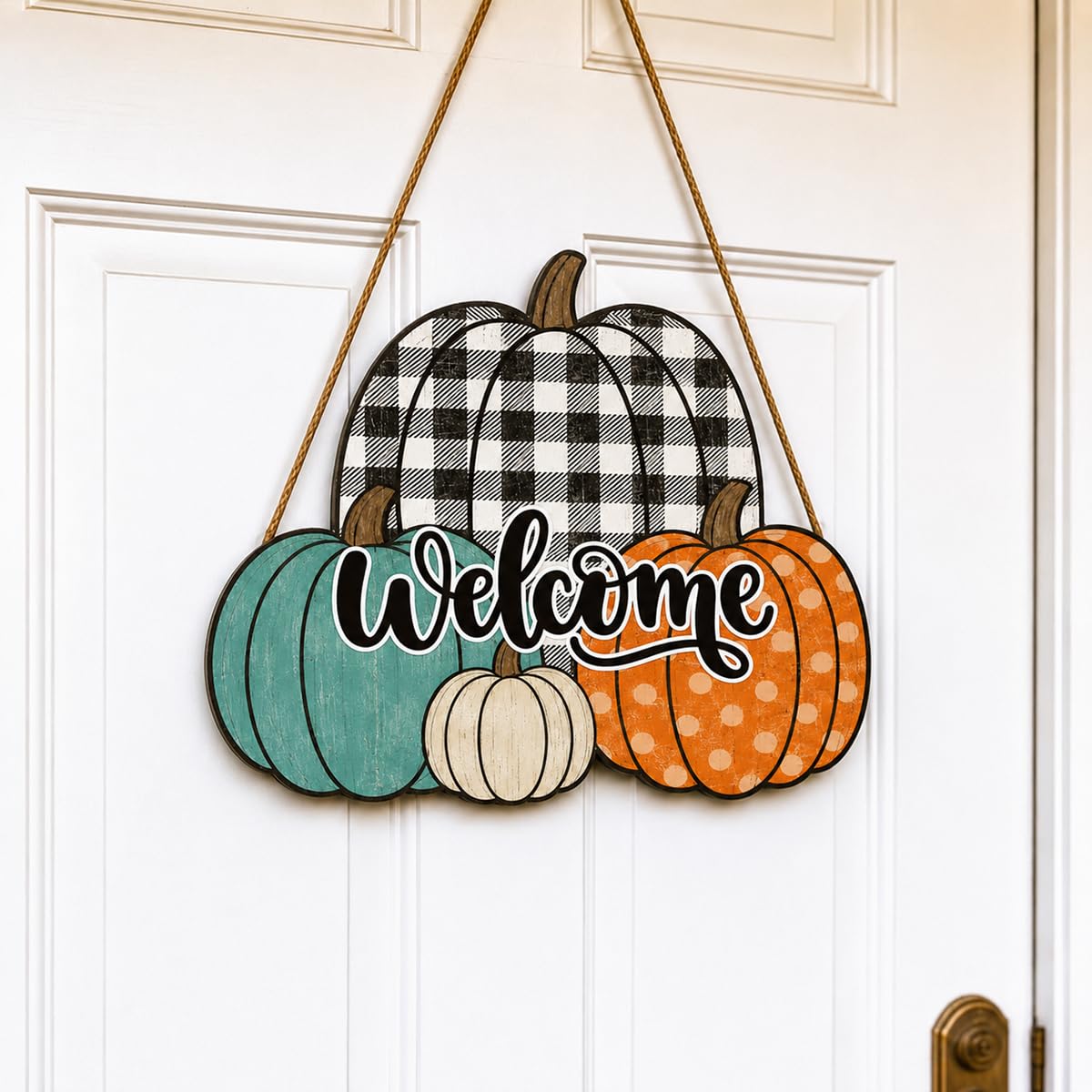 Fall Door Decor Wooden Pumpkin Door Hanger, Welcome Sign for Front Door