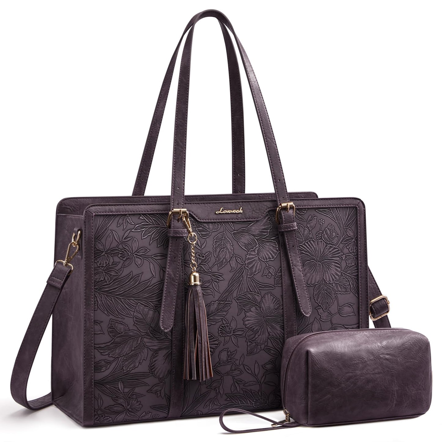 LOVEVOOK Laptop Bag for Women 15.6 inch Lightweight PU Laptop Tote Bag, Large Capacity Computer bag with Clutch Purse for Business, Work, Office, Travel, School,Casual(Black & Leather)
