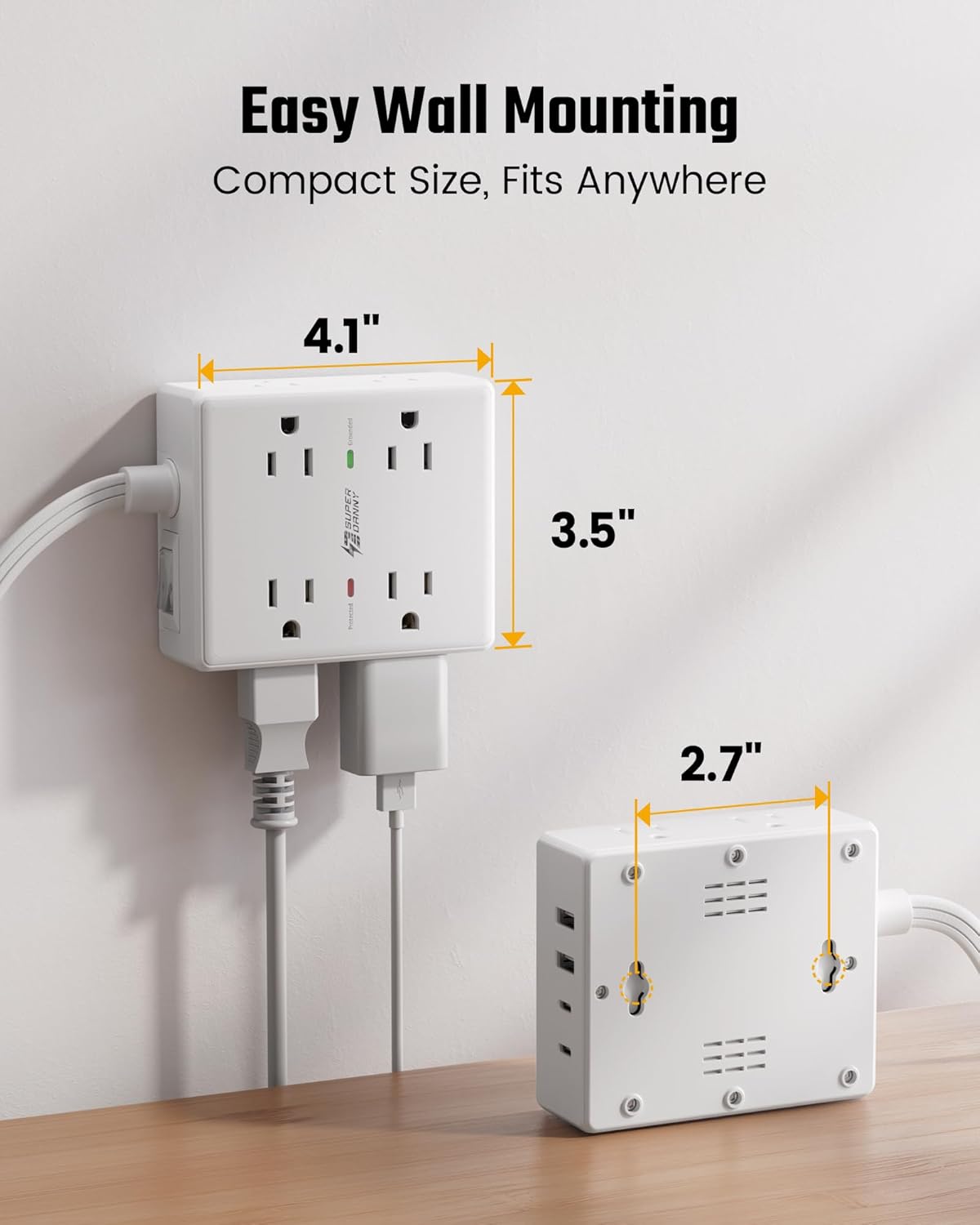 SUPERDANNY Extension Cord,Flat Plug Surge Protector Power Strip,10Ft