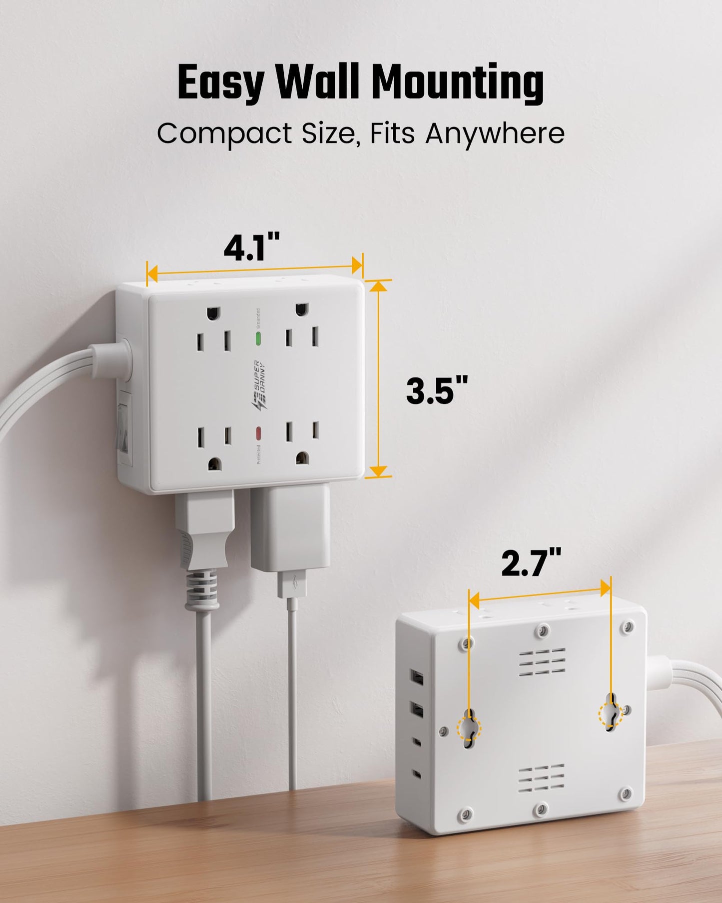 SUPERDANNY Extension Cord,Flat Plug Surge Protector Power Strip,10Ft
