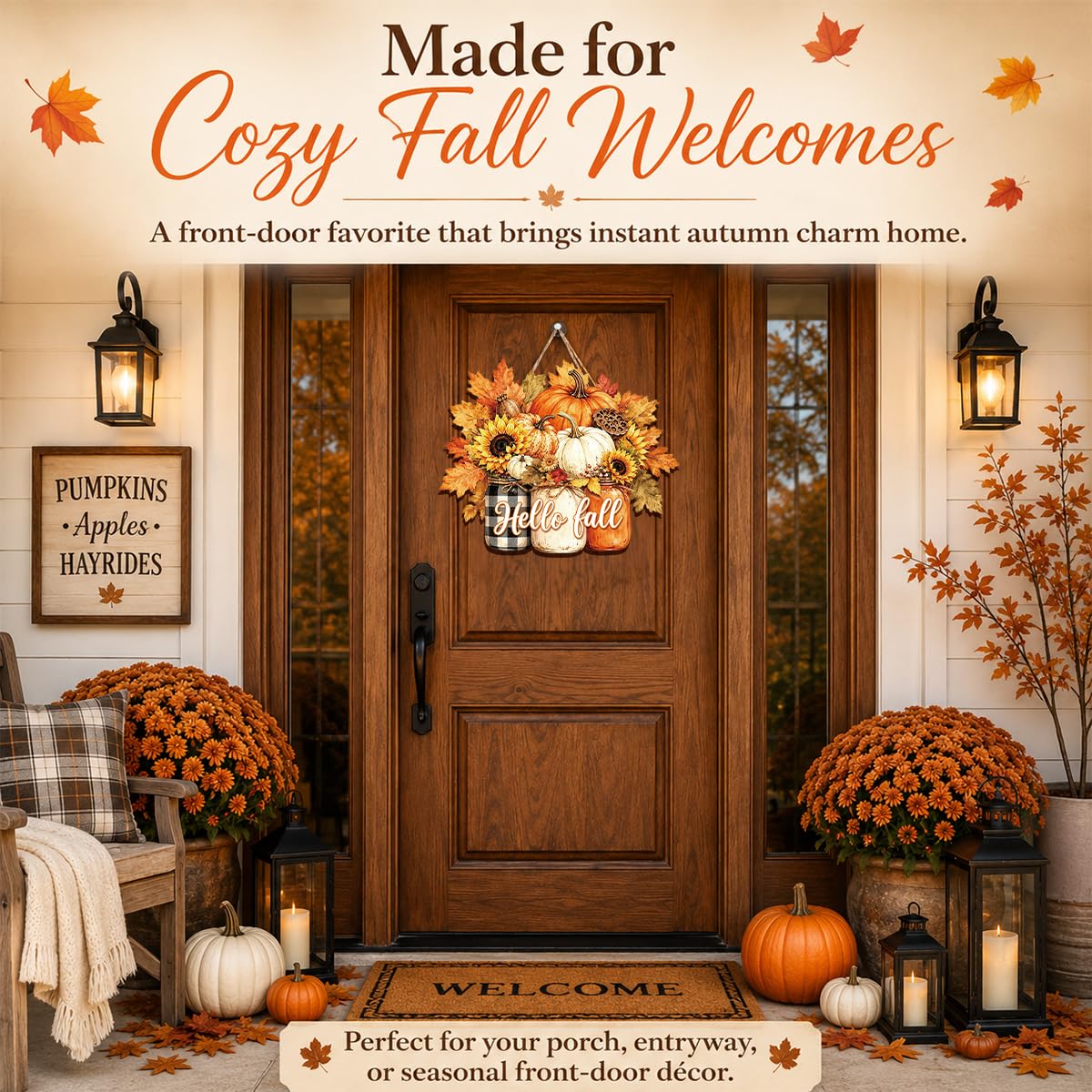 Fall Door Decor Wooden Pumpkin Door Hanger, Welcome Sign for Front Door