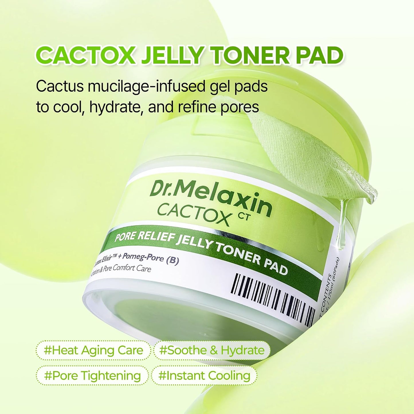 Dr.Melaxin Cactox Pore Relief Jelly Toner Pads – Cooling & De-Puffing Exfoliating Toner Pads for Enlarged Pores & Puffy Skin, Hydrating Korean Toner Pads with Cactus Extract & PHA, 60 Pads (170ml)