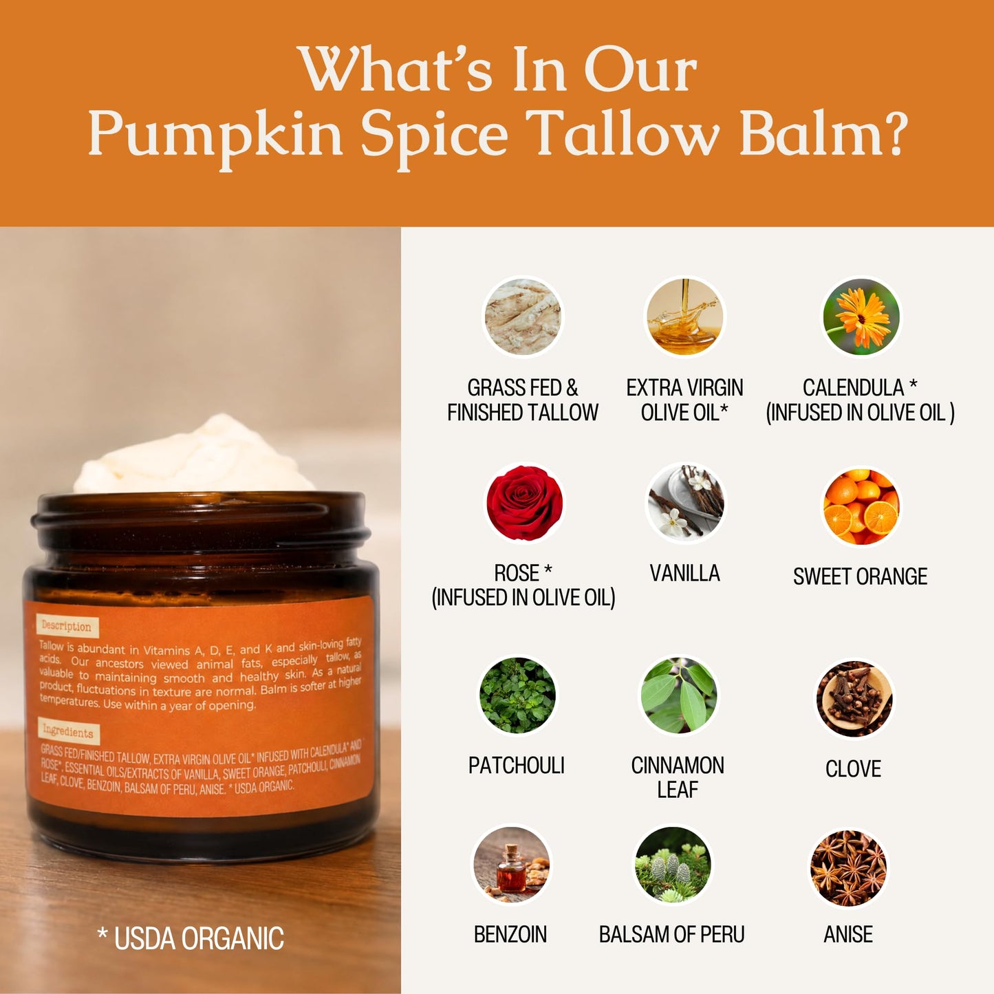 Hearth & Homestead Whipped Beef Tallow for Skin, Vanilla Orange, 2.6oz