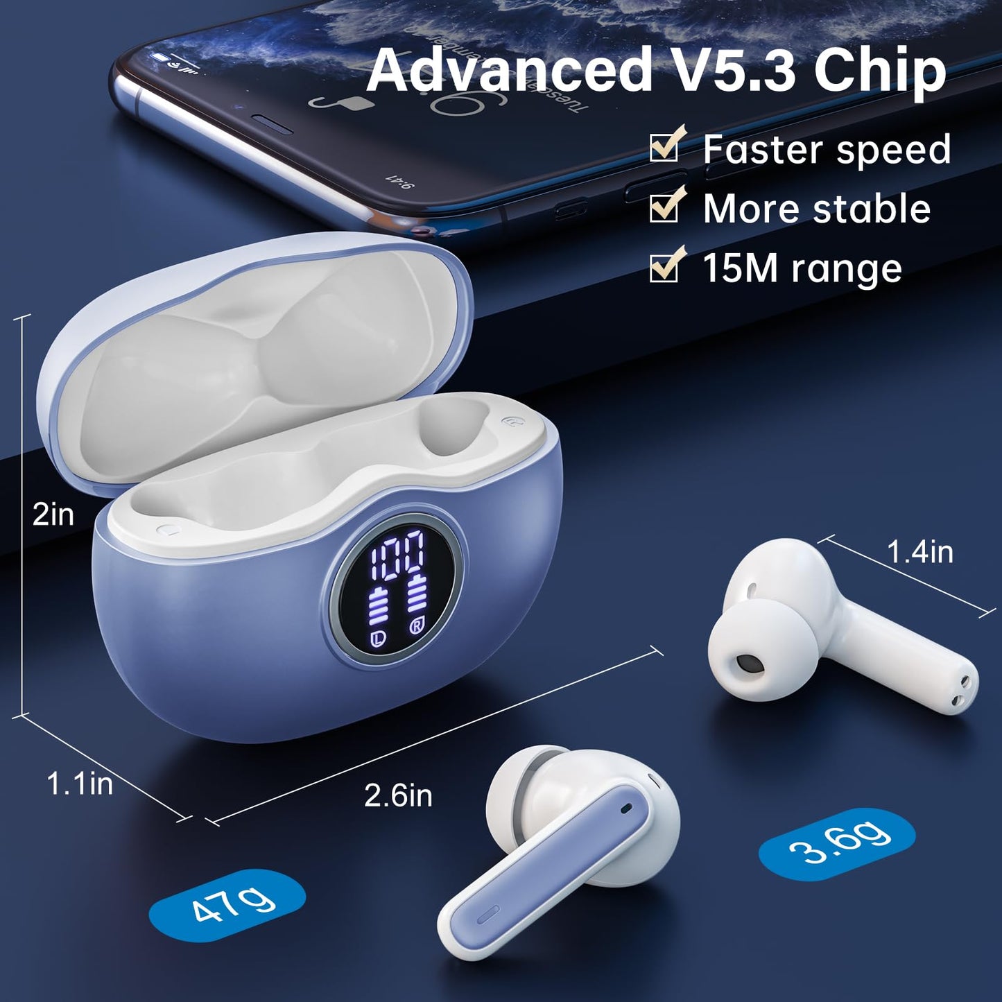 Wireless Earbuds, Bluetooth 5.3 Headphones HiFi Stereo 50H Playback LED Digital Display Ear Buds with ENC Noise Canceling Headset, IPX7 Waterproof Earphones for Gym/Running/Work(Black)