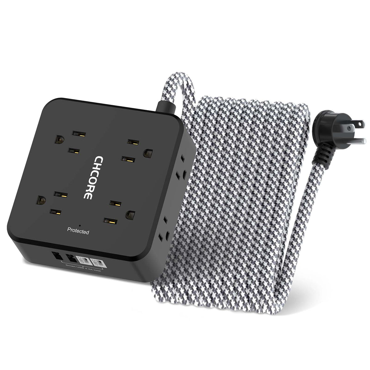 Surge Protector Power Strip - CHCORE 6Ft Braided Extension Cord with 8 Outlets with 4 USB (2 USB C) Charging Ports, Flat Plug Multi Plug Outlet Extender Charging Station for Home Office, ETL, White