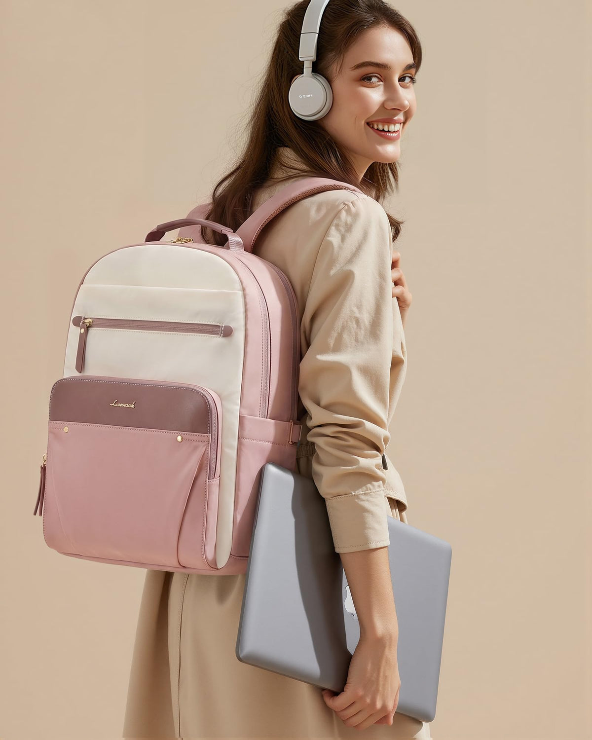 LOVEVOOK Laptop Backpack for Women with Leather Trim & Tumbler Pockets, 15.6" Work Backpack Purse, Travel Personal Item Bag, Carry On Business Computer Bag for Office, School, or Gift, Sage Green
