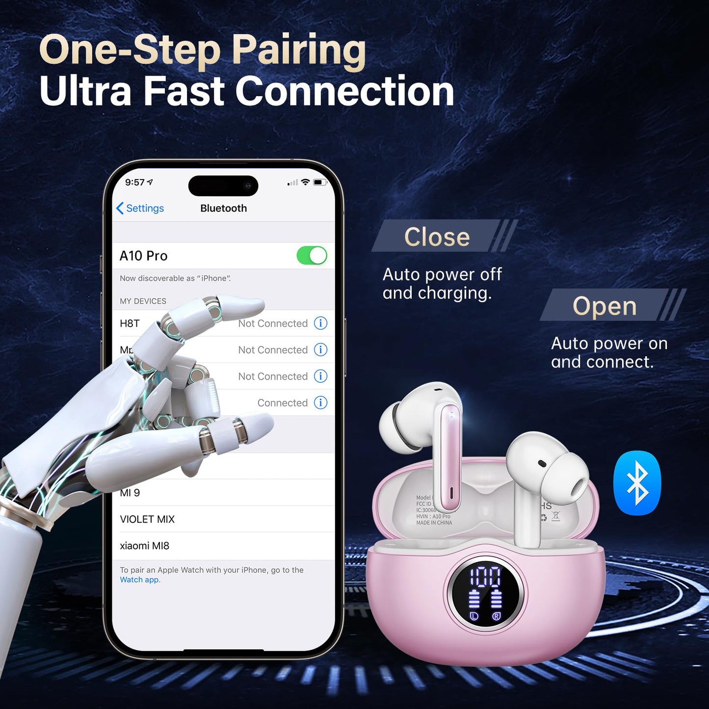 Wireless Earbuds, Bluetooth 5.3 Headphones HiFi Stereo 50H Playback LED Digital Display Ear Buds with ENC Noise Canceling Headset, IPX7 Waterproof Earphones for Gym/Running/Work(Black)