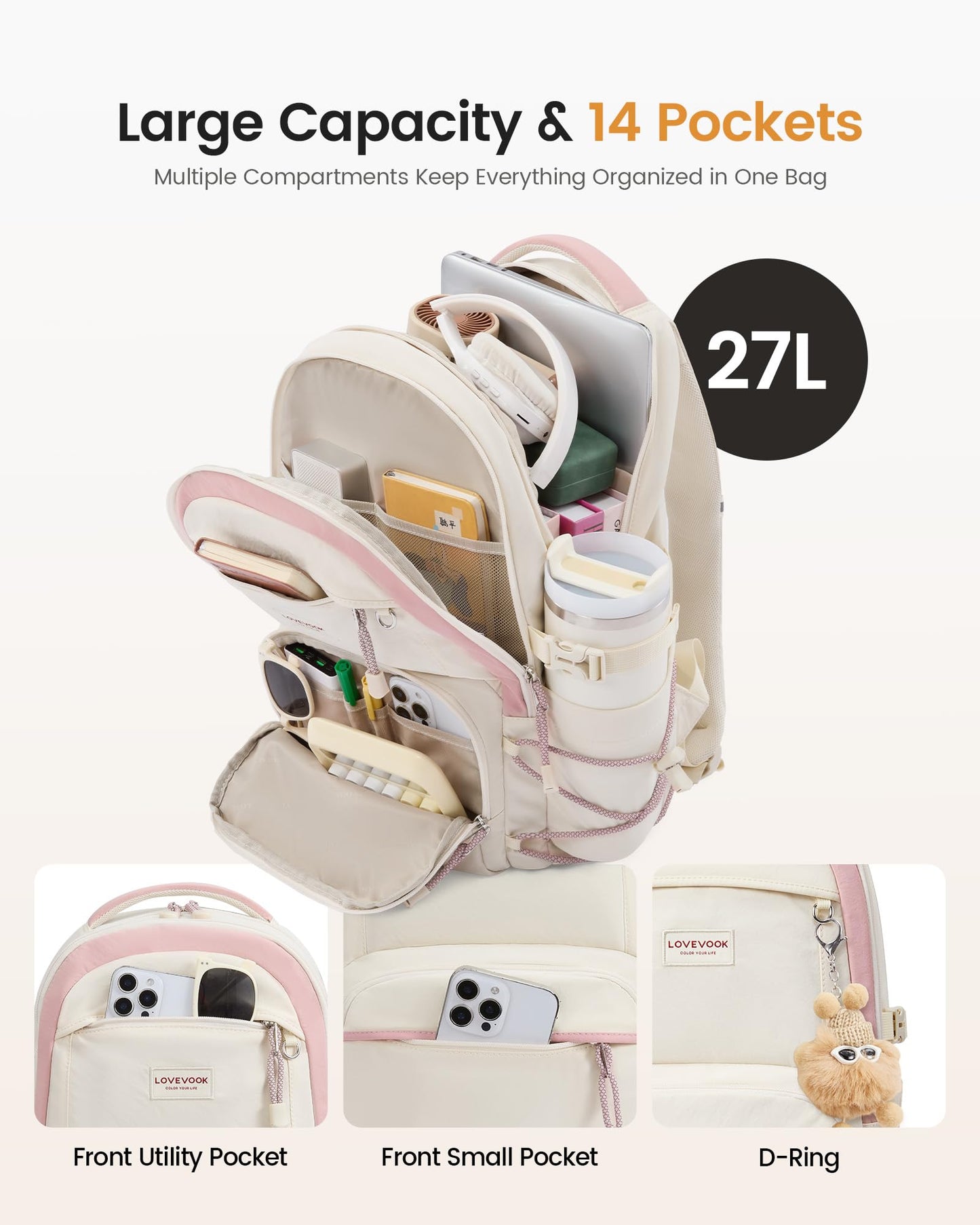 LOVEVOOK School Backpack for Girls, 15.6 Inch laptop Backpacks with Large Capacity Tumbler Holder, Lightweight College bag for women, Cute Travel Teen Bookbag Purse for Students,Off white-Pink