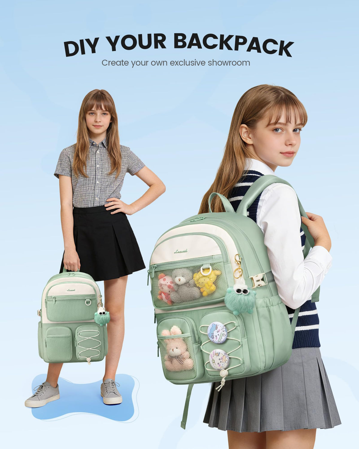 LOVEVOOK School Backpack for Teen Girls, Student Cute Bookbag Purse for Middle High School, 15.6 Inch Laptop Kid Backpack Back to School with Large Cup Holder, College Travel Bag, Beige Blue