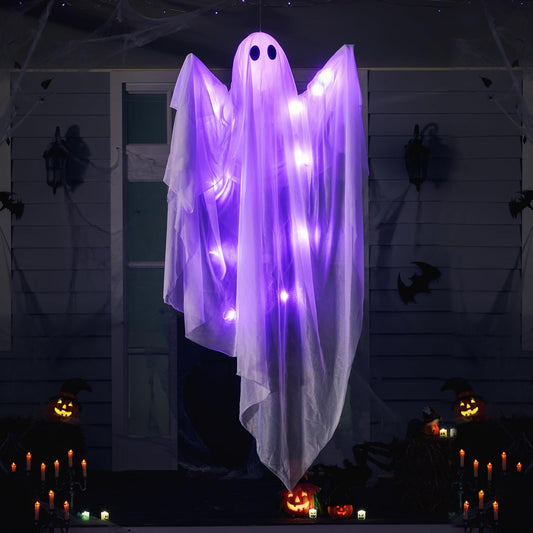 JOYIN Halloween Hanging Light up Ghost, 47" White Ghosts with Purple LED Light and Timer Halloween Hanging Decoration Waterproof for Front Yard Patio LawnGarden Party Decor Indoor Outdoor