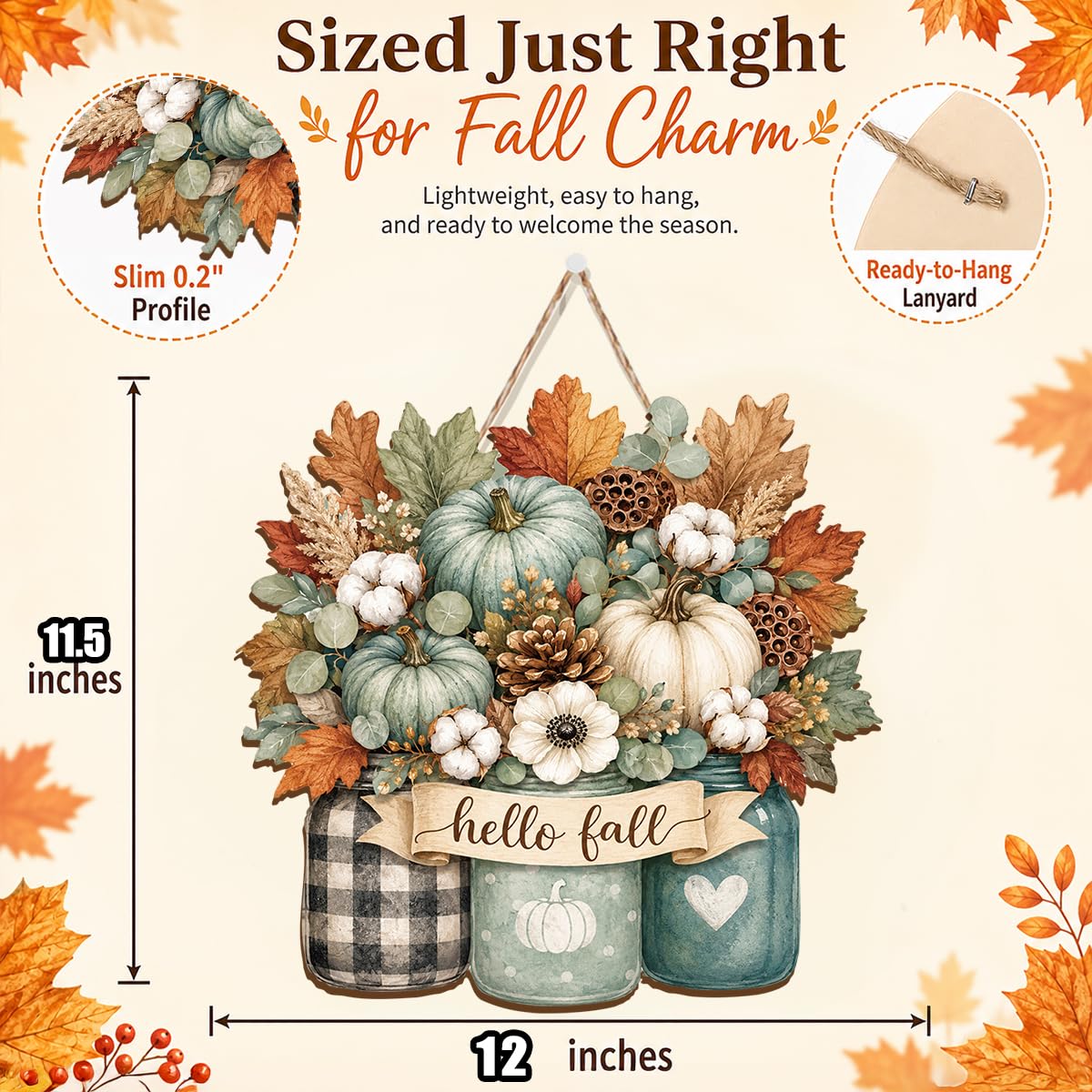 Fall Door Decor Wooden Pumpkin Door Hanger, Welcome Sign for Front Door