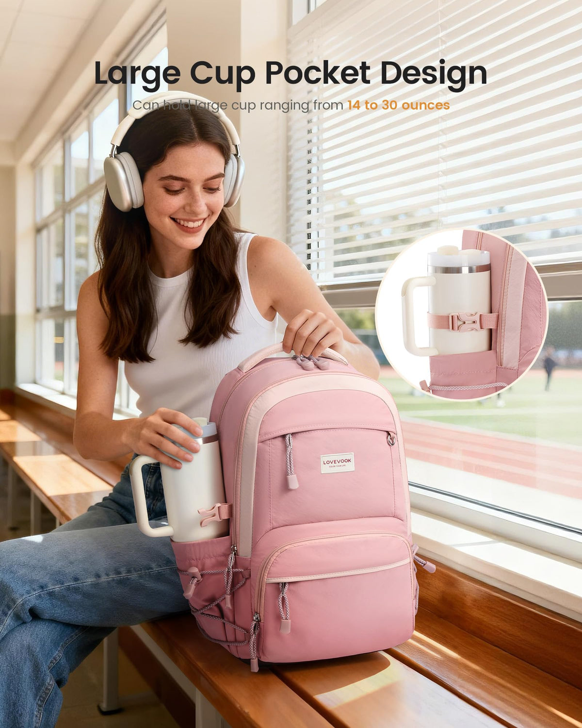 LOVEVOOK School Backpack for Girls, 15.6 Inch laptop Backpacks with Large Capacity Tumbler Holder, Lightweight College bag for women, Cute Travel Teen Bookbag Purse for Students,Off white-Pink