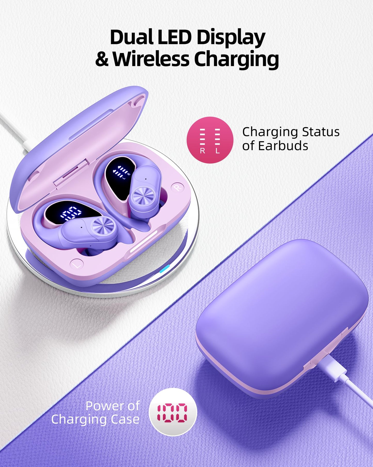 PocBuds Bluetooth Headphones Wireless Earbuds 80hrs Playtime Wireless Charging Case Digital Display Sports Ear Buds with Earhook Deep Bass IPX7 Waterproof Over-Ear Earphones for TV Phone Laptop Olive