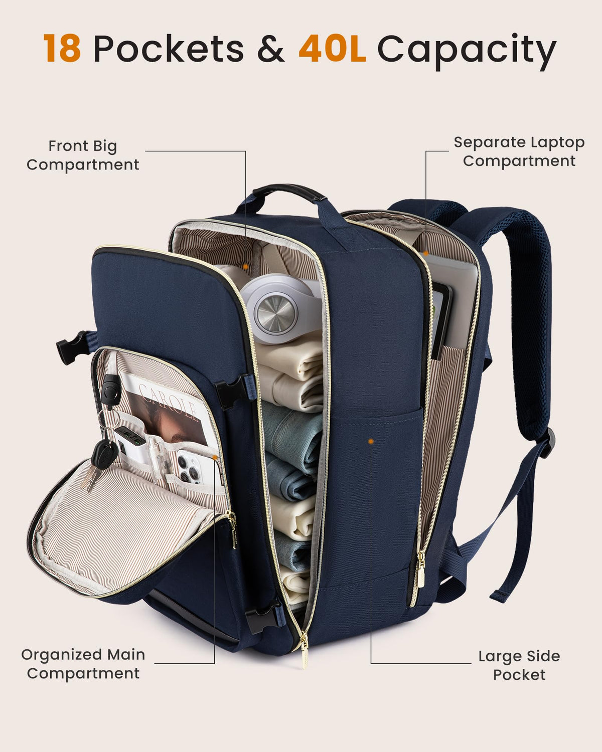 LOVEVOOK 40L Large Travel Backpack for Women Men, 17 Inch Carry on Backpack for Traveling on Airplane, Personal Item Bag Airline Approved, Business Causal Weekender Backpack, Black-Brown