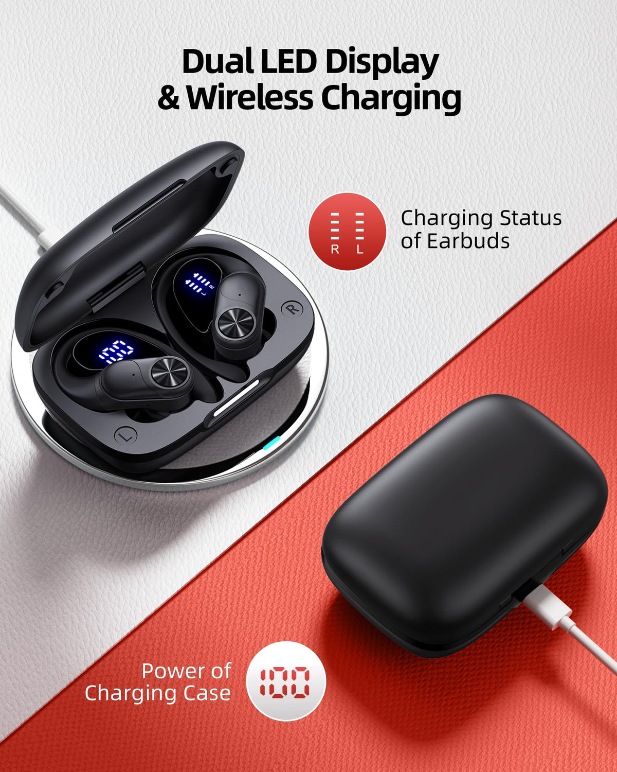 PocBuds Bluetooth Headphones Wireless Earbuds 80hrs Playtime Wireless Charging Case Digital Display Sports Ear Buds with Earhook Deep Bass IPX7 Waterproof Over-Ear Earphones for TV Phone Laptop Olive