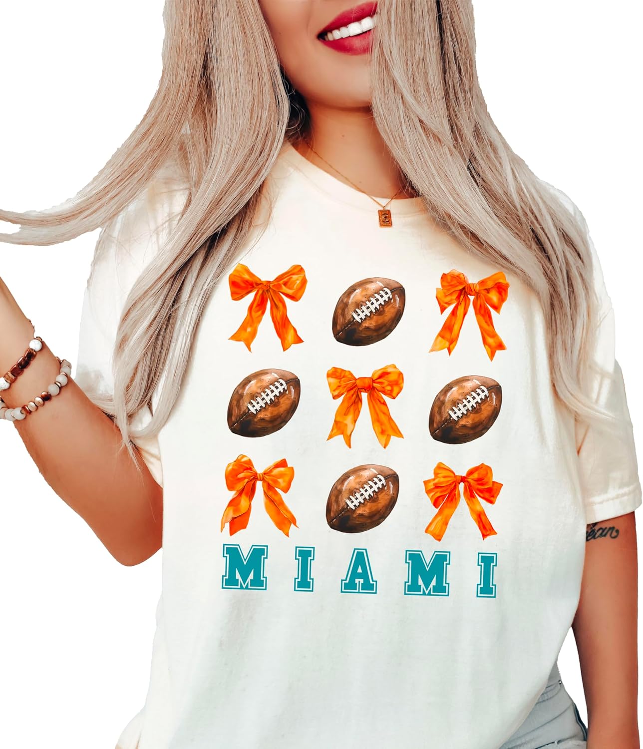 Trendy Miami Football Shirt for Women and Teens Girly Orange Bows and Footballs Florida Team Tee