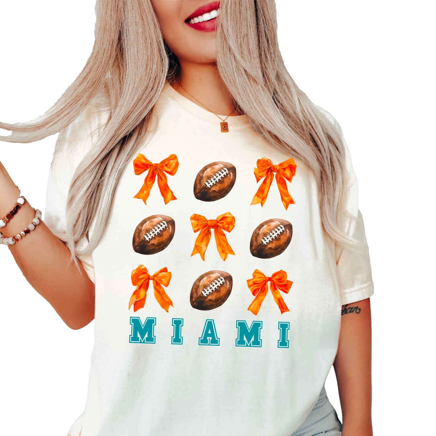 Trendy Miami Football Shirt for Women and Teens Girly Orange Bows and Footballs Florida Team Tee