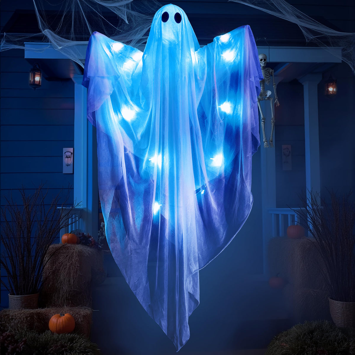 JOYIN Halloween Hanging Light up Ghost, 47" White Ghosts with Purple LED Light and Timer Halloween Hanging Decoration Waterproof for Front Yard Patio LawnGarden Party Decor Indoor Outdoor