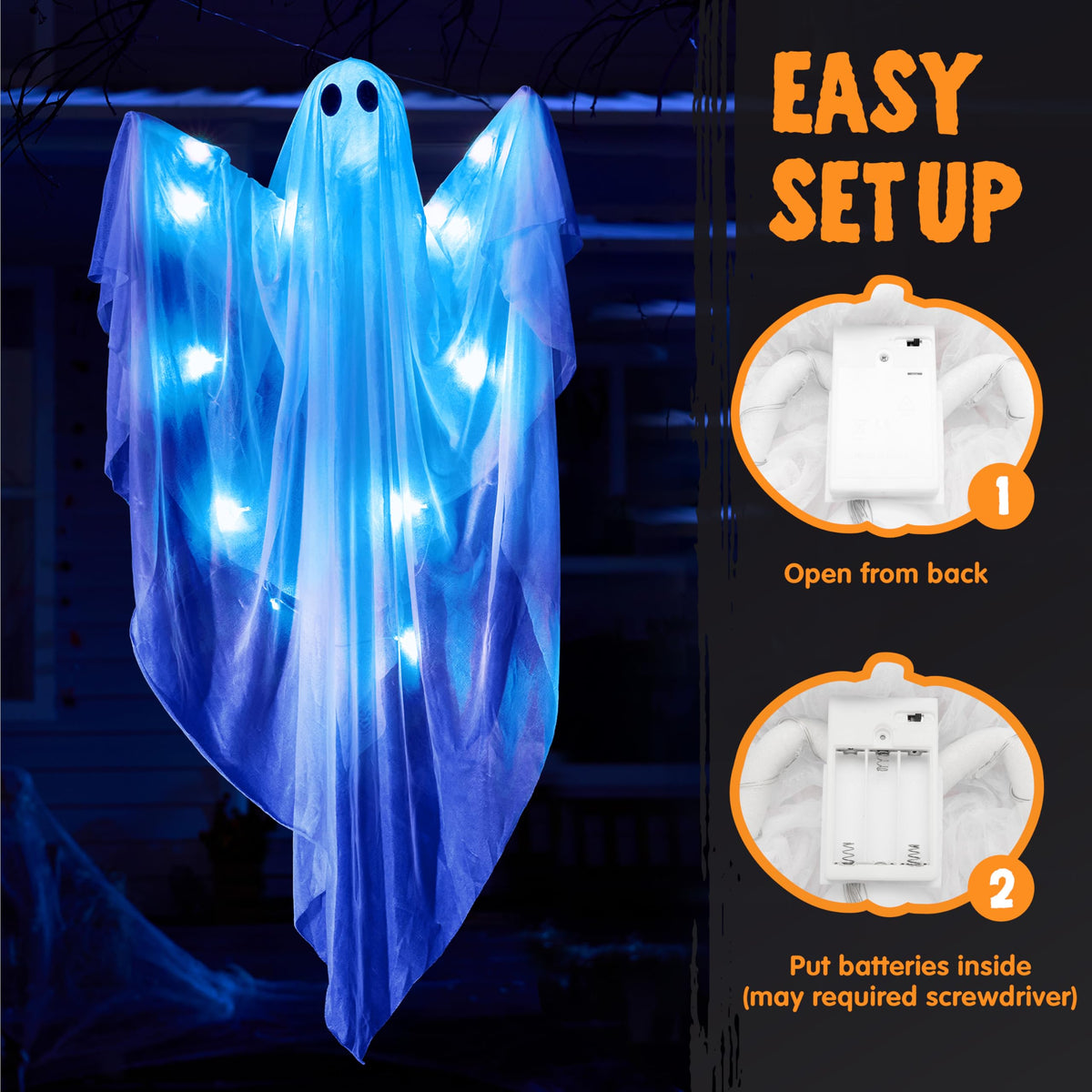 JOYIN Halloween Hanging Light up Ghost, 47" White Ghosts with Purple LED Light and Timer Halloween Hanging Decoration Waterproof for Front Yard Patio LawnGarden Party Decor Indoor Outdoor