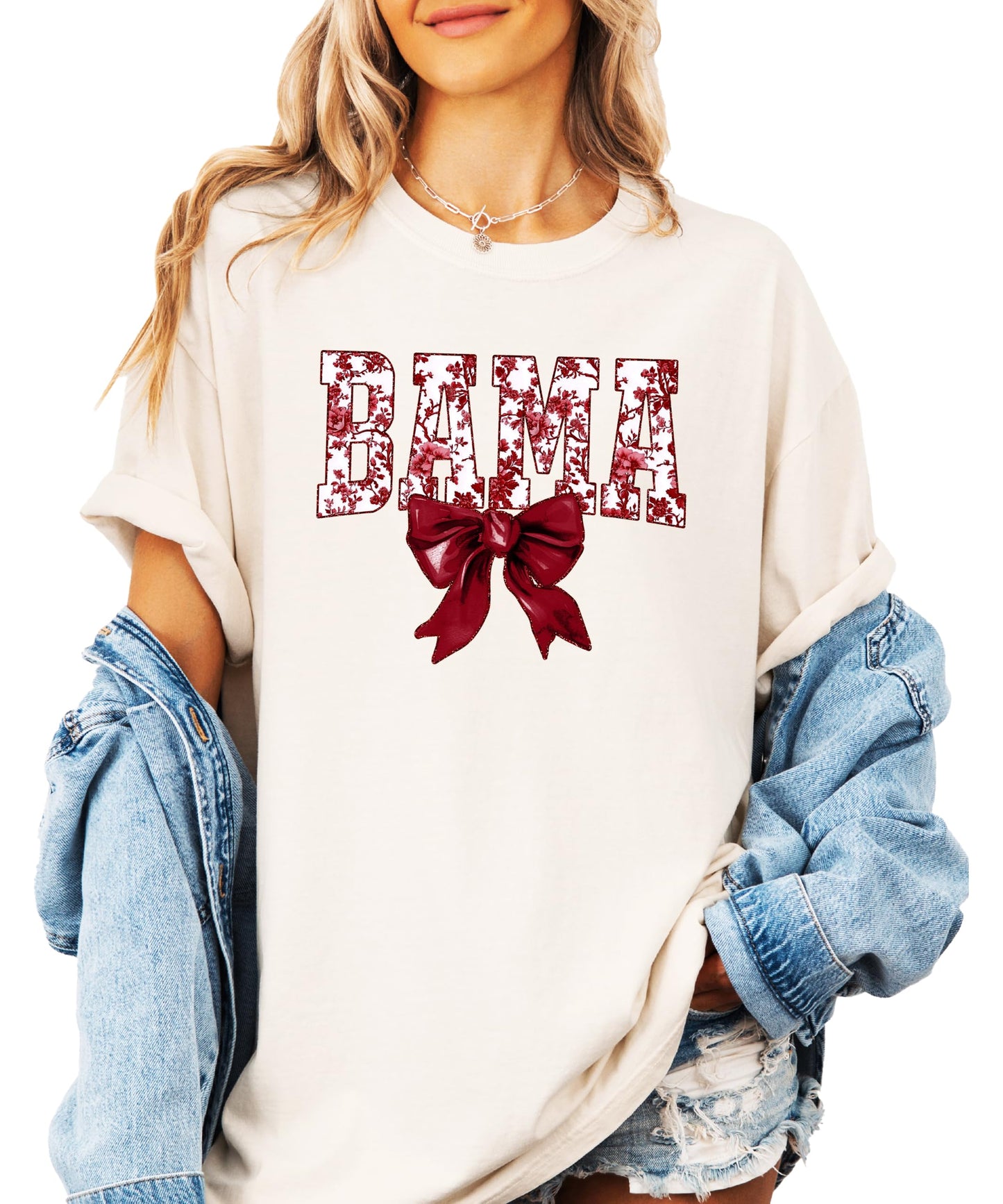 Bama Red Floral Bow Shirt for Women & Teens Trendy Alabama School Sports Fan Tee