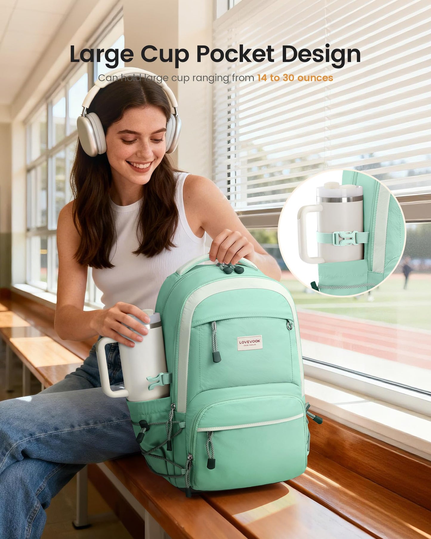 LOVEVOOK School Backpack for Girls, 15.6 Inch laptop Backpacks with Large Capacity Tumbler Holder, Lightweight College bag for women, Cute Travel Teen Bookbag Purse for Students,Off white-Pink