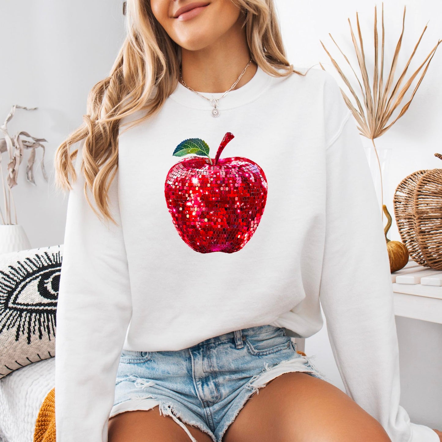 Red Disco Apple Sweatshirt for Women and Teens Faux Glitter Apple Pullover for Teachers and Students