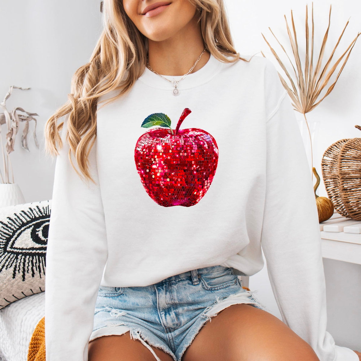 Red Disco Apple Sweatshirt for Women and Teens Faux Glitter Apple Pullover for Teachers and Students