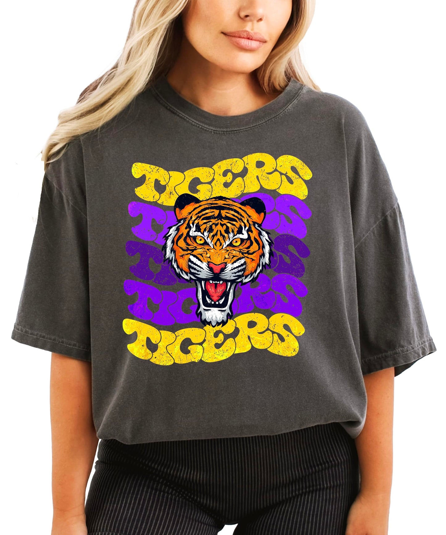 Trendy Tigers Wavy Shirt for Women and Teens Purple & Yellow Sports Tee