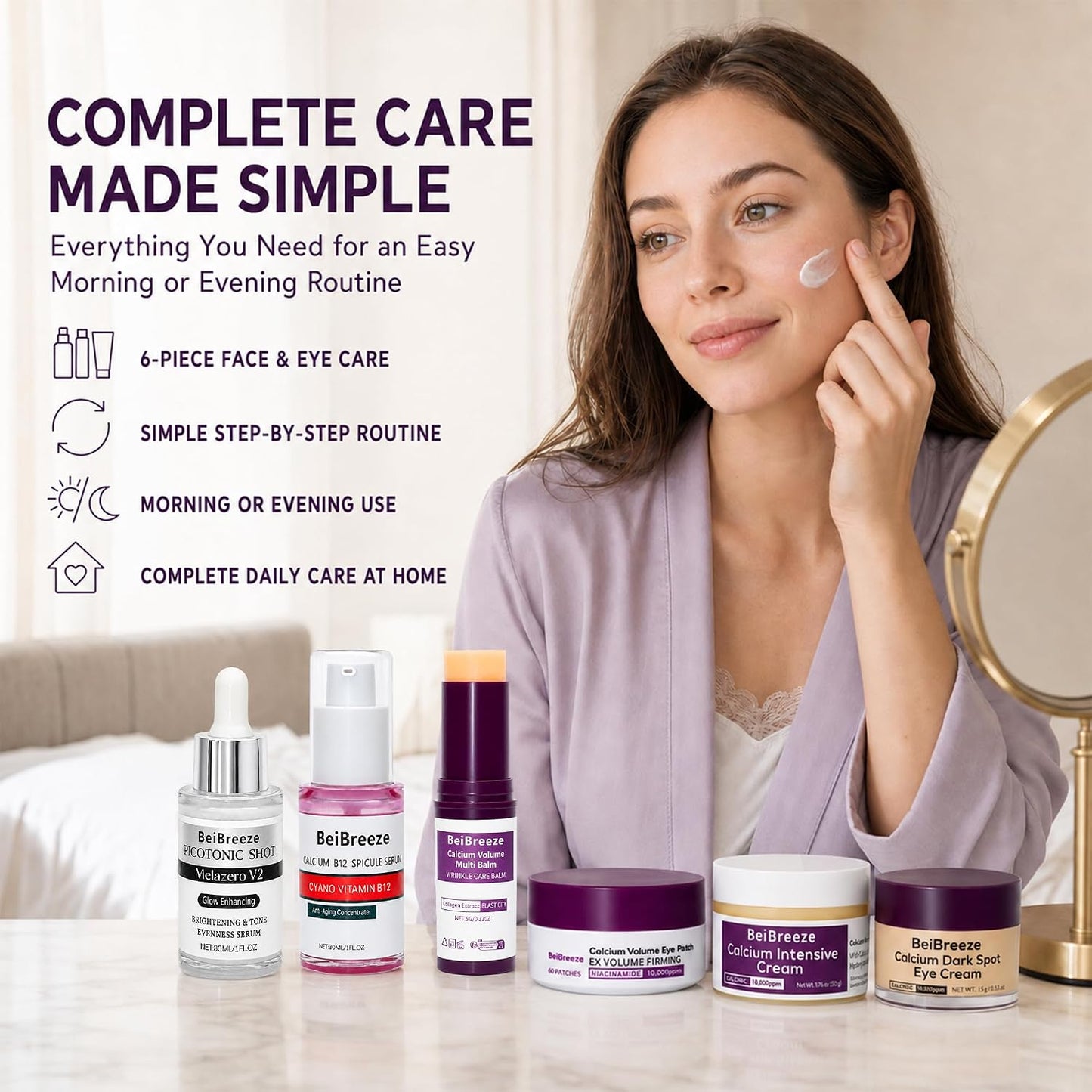 6-Piece Daily Skincare Set, Facial Care Kit with 2 Serums, Face Cream, Eye Cream, Under Eye Patches & Multi Balm Stick, Hydrating Moisturizing Routine