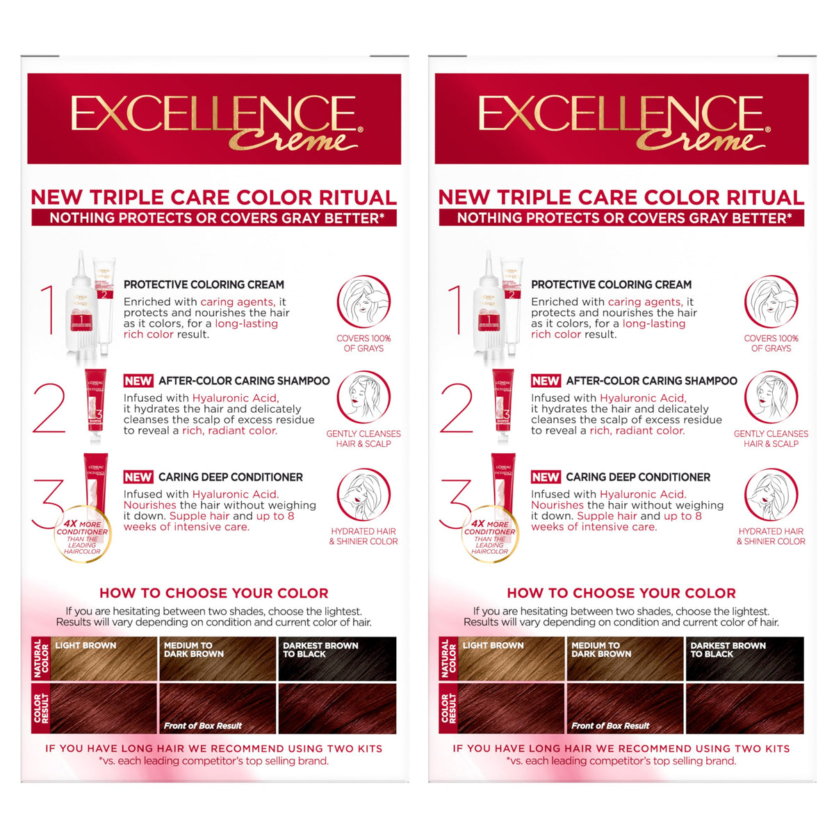 L'Oreal Paris Excellence Crème Permanent Hair Dye, Triple Care Hair Color with Hyaluronic Acid for 100% Gray Coverage, 4 Dark Brown, 1 Kit (Packaging May Vary)
