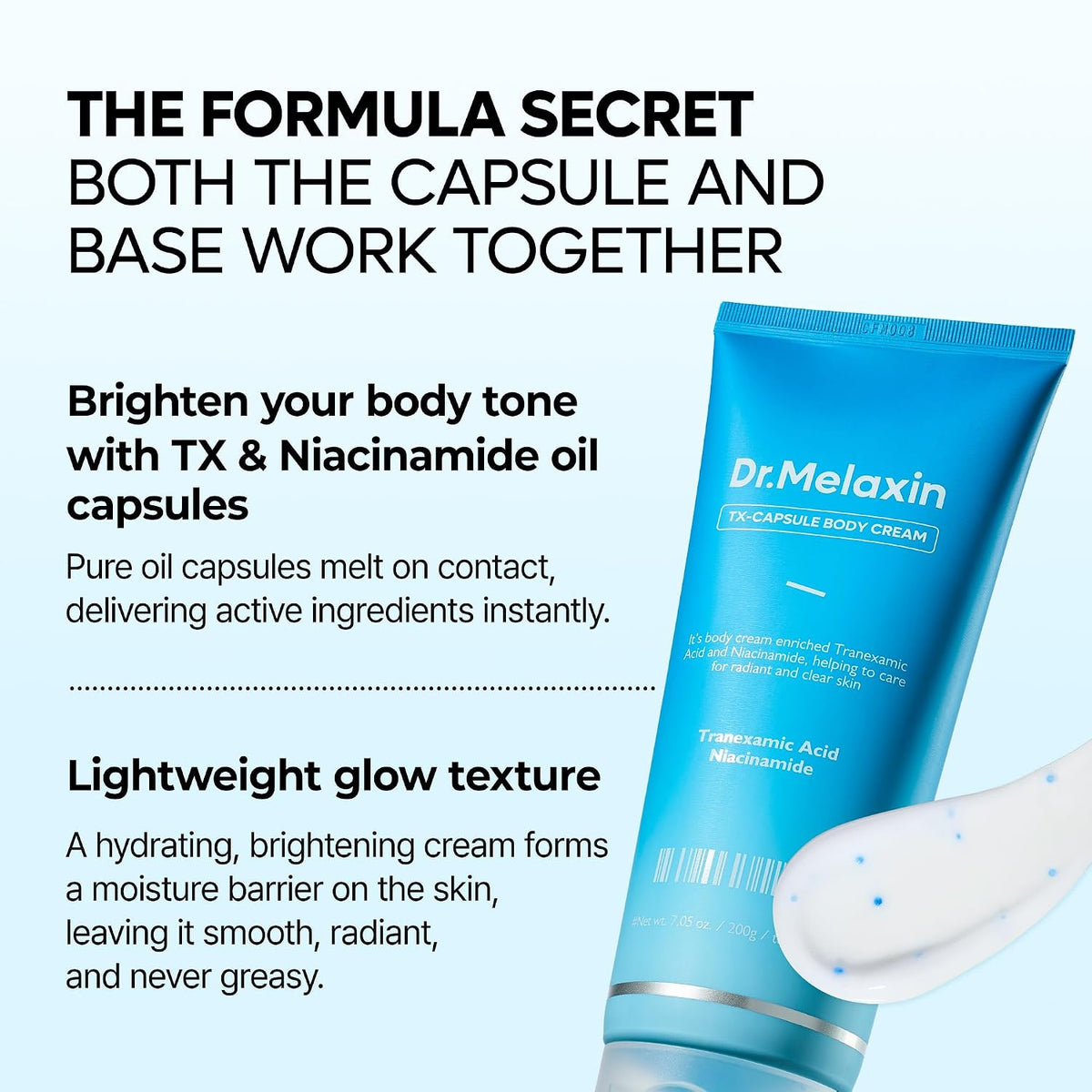 Dr.Melaxin TX Capsule Body Cream – 99% Pure Tranexamic Acid & Niacinamide Capsule for Body Dark Spots, Uneven Skin Tone & Dullness | Soft Burst, Silky Non-Greasy Brightening Body Lotion 200g