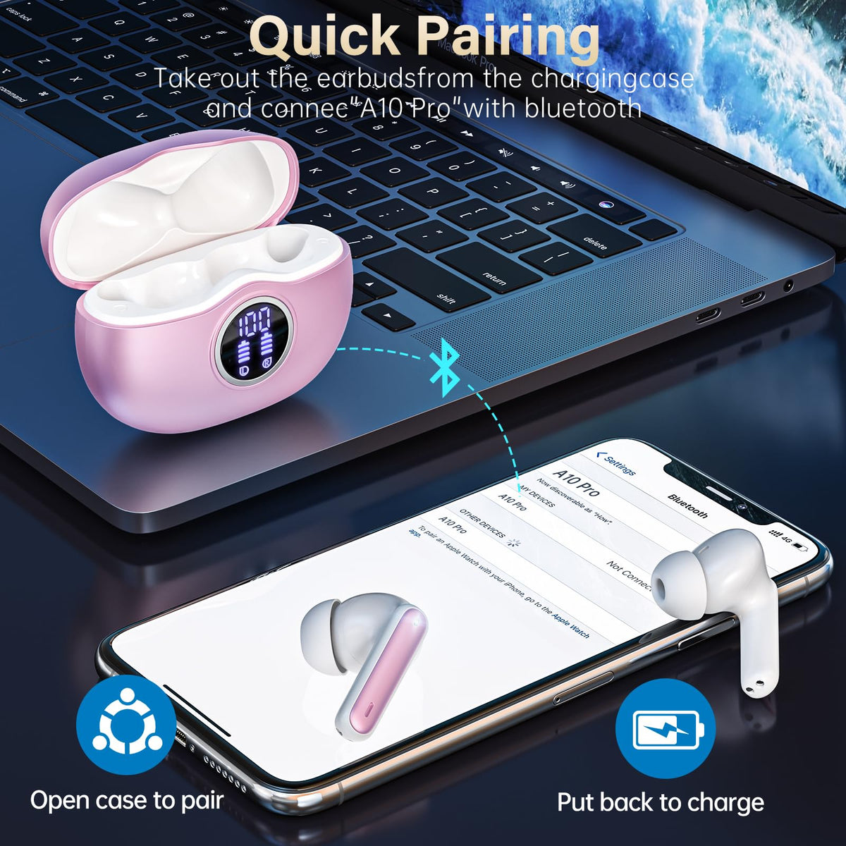 Wireless Earbuds, Bluetooth 5.3 Headphones HiFi Stereo 50H Playback LED Digital Display Ear Buds with ENC Noise Canceling Headset, IPX7 Waterproof Earphones for Gym/Running/Work(Black)