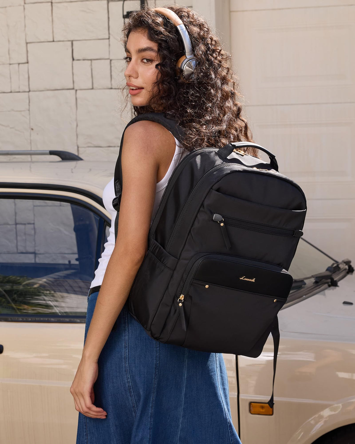 LOVEVOOK Laptop Backpack for Women with Leather Trim & Tumbler Pockets, 15.6" Work Backpack Purse, Travel Personal Item Bag, Carry On Business Computer Bag for Office, School, or Gift, Sage Green
