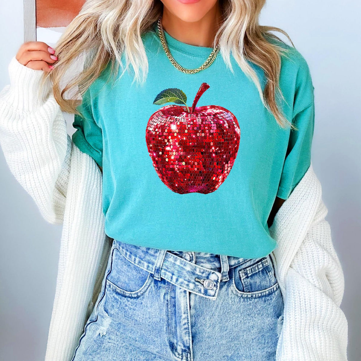 Red Disco Apple Shirt for Women & Teens Faux Glitter Apple Tee for Teachers and Students