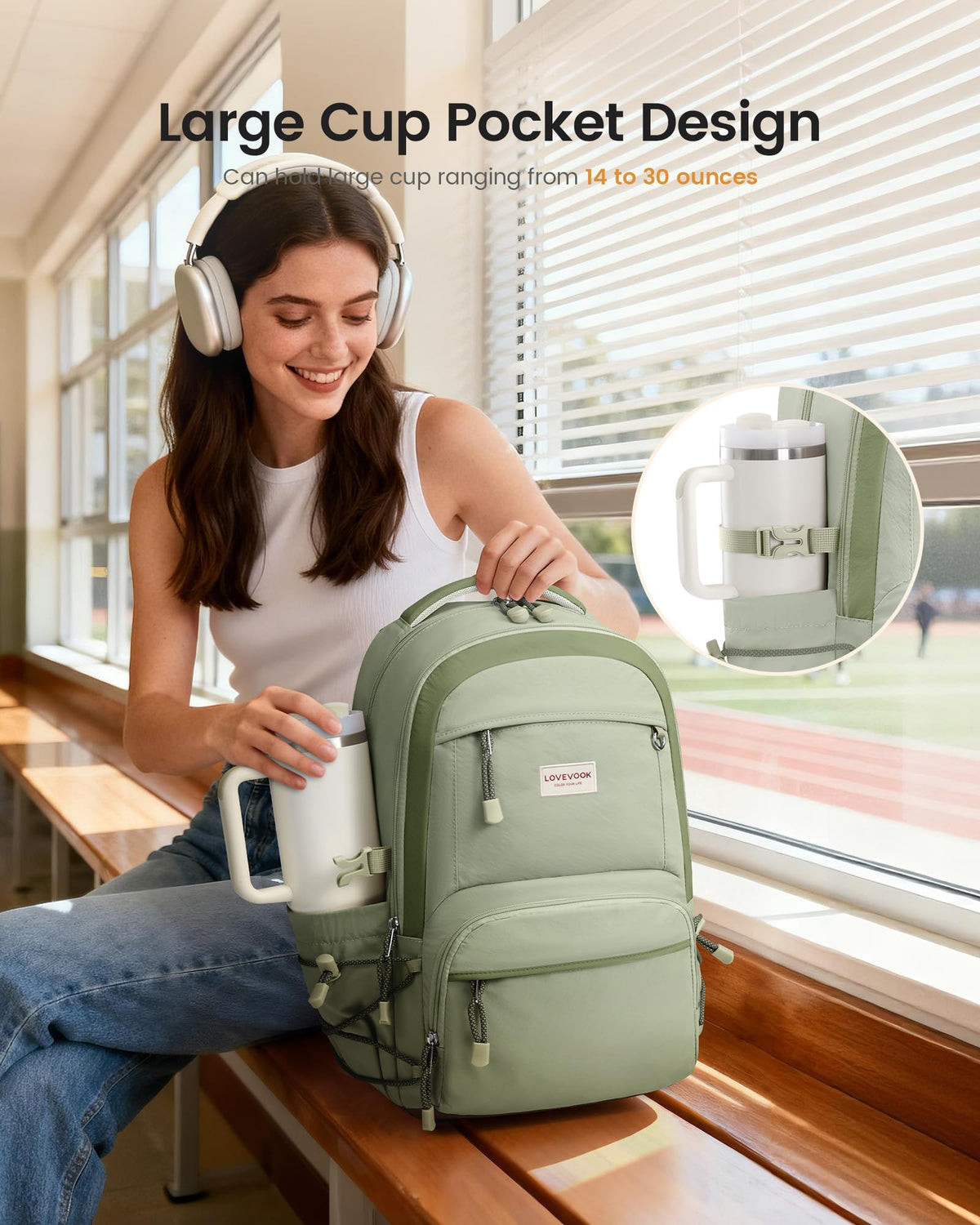 LOVEVOOK School Backpack for Girls, 15.6 Inch laptop Backpacks with Large Capacity Tumbler Holder, Lightweight College bag for women, Cute Travel Teen Bookbag Purse for Students,Off white-Pink