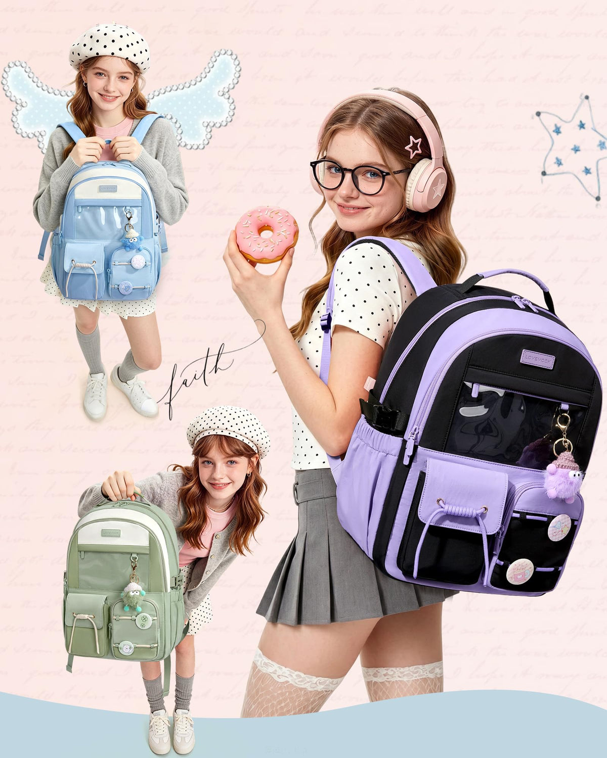 LOVEVOOK School Backpack for Girls Ages 8-16,Cute Student Bookbag for Kids