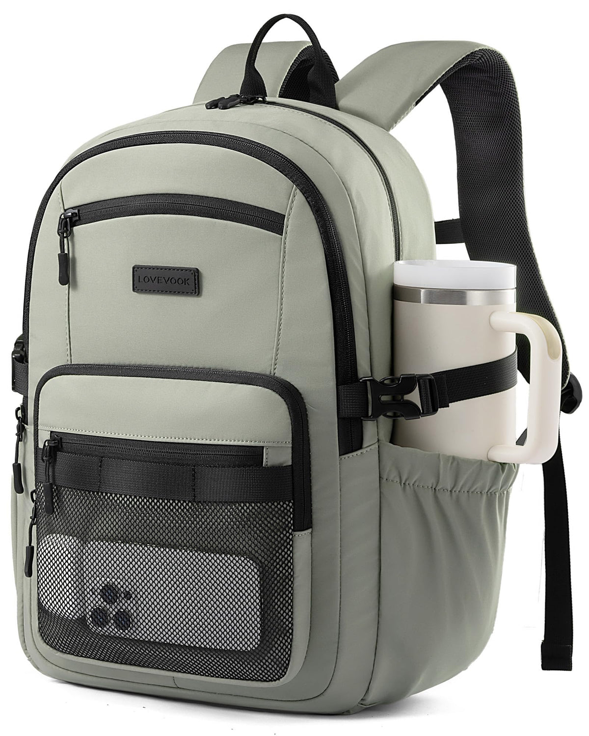 LOVEVOOK Laptop Backpack Women/Men with 40oz Cup Holder Buckle Strap, 15.6 Inch Tech-Ready Work Backpack, TSA-compliant for Travel & College with Versatile Mesh Pocket, Black
