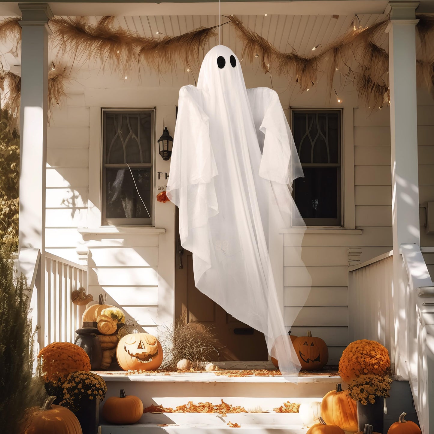JOYIN Halloween Hanging Light up Ghost, 47" White Ghosts with Purple LED Light and Timer Halloween Hanging Decoration Waterproof for Front Yard Patio LawnGarden Party Decor Indoor Outdoor
