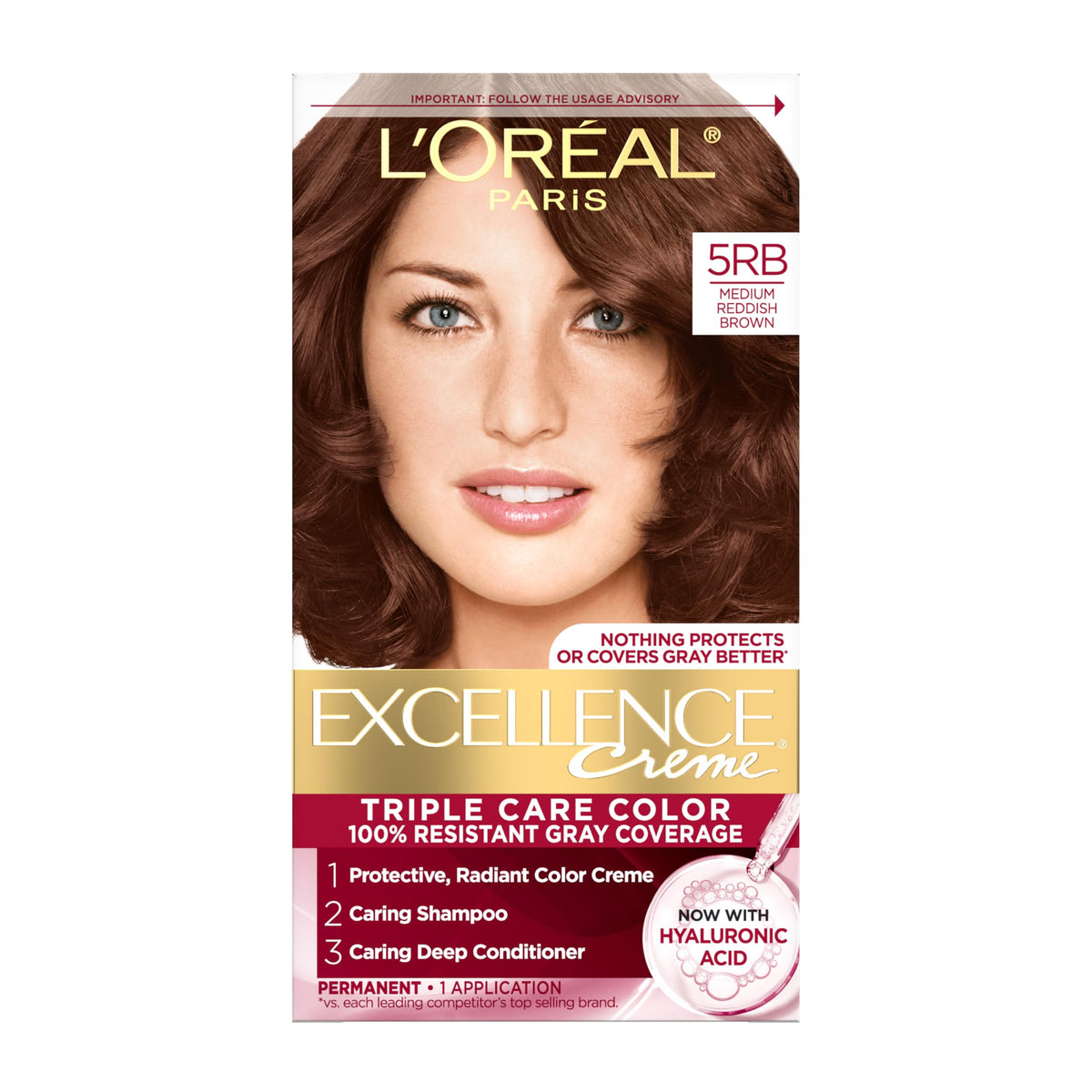 L'Oreal Paris Excellence Crème Permanent Hair Dye, Triple Care Hair Color with Hyaluronic Acid for 100% Gray Coverage, 4 Dark Brown, 1 Kit (Packaging May Vary)